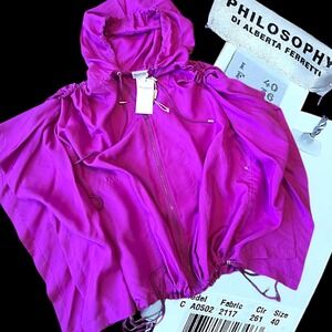 New Old Stock Philosophy Alberta Ferreti Purple Silk Flowy Hooded Jacket